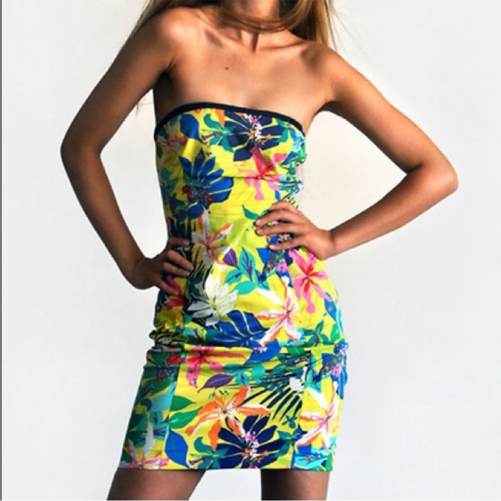 NWT Zara Yellow and Blue Strapless Bodycon Dress